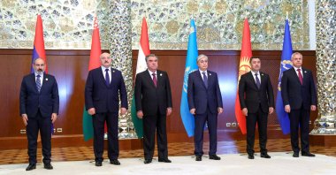 Armenian Prime Minister Nikol Pashinian, Belarusian President Alexander Lukashenko, Tajik President Emomali Rakhmon, Kazakh President Kassym-Jomart Tokayev, Kyrgyz President Sadyr Japarov and General Secretary of the Collective Security Treaty Organization (CSTO) Stanislav Zas attend a meeting of the Collective Security Council of the Collective Security Treaty Organization (CSTO) in Dushanbe, Tajikistan Sept. 16, 2021. (Russian Foreign Ministry via Reuters)