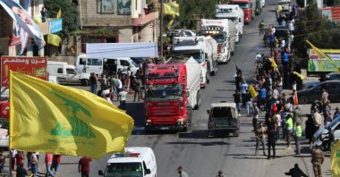 A convoy of tanker trucks carrying Iranian diesel crossed the border from Syria into Lebanon, arrives at the eastern town of al-Ain, Lebanon, Sept. 16, 2021. (AFP Photo)