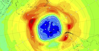 This image, provided on Thursday, Sept. 16, 2021 by the European Space Agency (ESA) shows a map of the ozone hole over the South Pole, Sept. 16, 2021. (AP Photo/European Space Agency, ESA)
