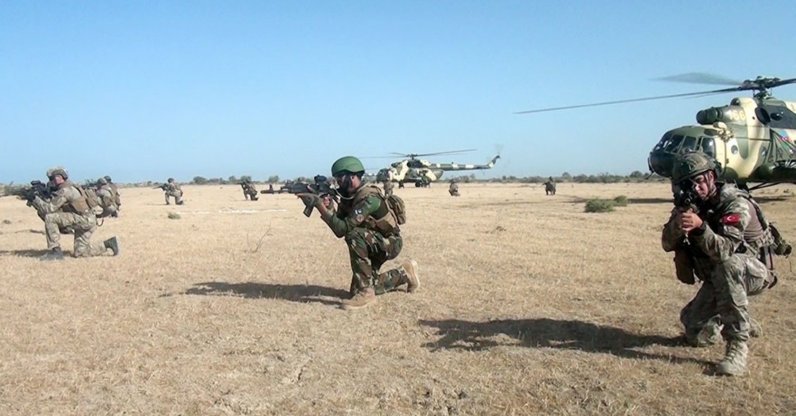 Soldiers take part in the joint military exercises in Azerbaijan's Baku on Sept. 14, 2021 (IHA Photo)