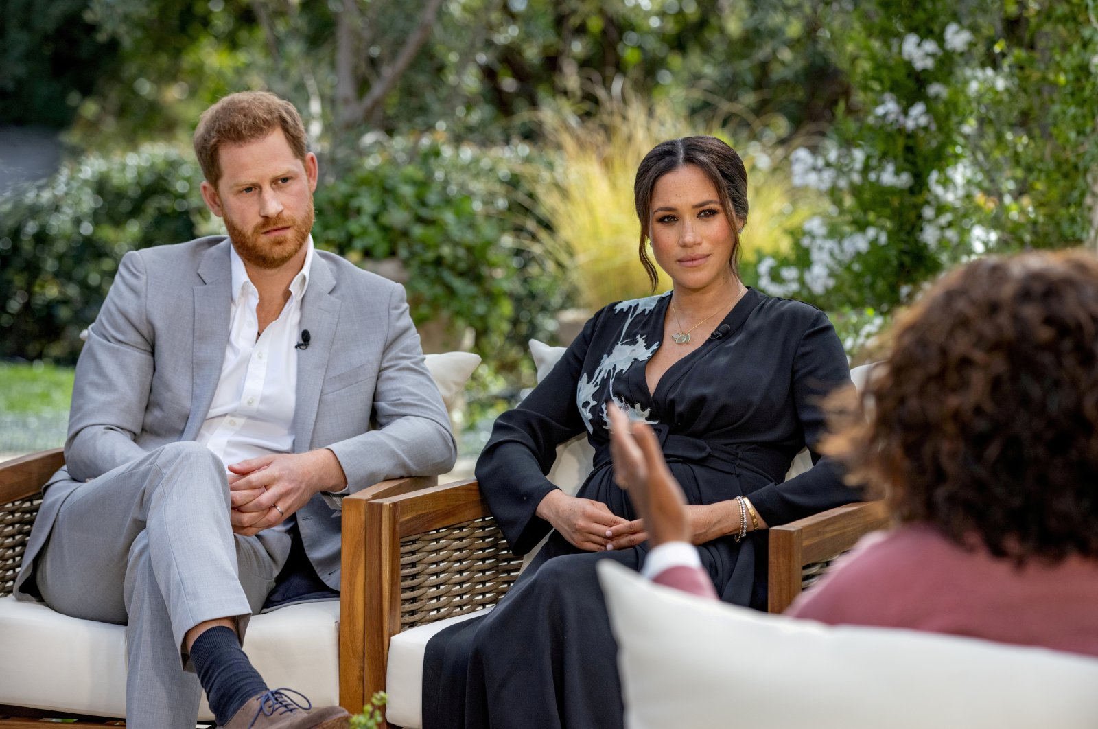 Britain's Prince Harry and Meghan, Duchess of Sussex, are interviewed by Oprah Winfrey in this undated handout photo. (Harpo Productions/Joe Pugliese/Handout via Reuters)