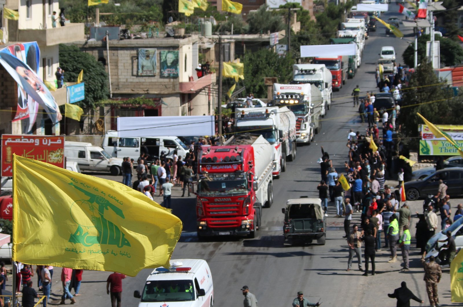 A convoy of tanker trucks carrying Iranian diesel crossed the border from Syria into Lebanon, arrives at the eastern town of al-Ain, Lebanon, Sept. 16, 2021. (AFP Photo)