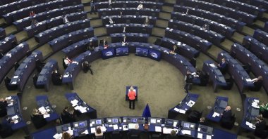 European Commission President Ursula von der Leyen delivers a speech during a debate on "The State of the European Union" at the European Parliament in Strasbourg, France, Sept. 15, 2021. (EPA Photo)