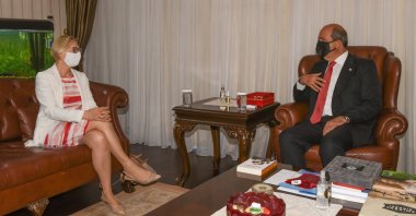 Turkish Cyprus' President Ersin Tatar (R) and Elizabeth Spehar, the outgoing head of the United Nations peacekeeping force on the island of Cyprus, meet in Lefkoşa (Nicosia), TRNC, Sept. 13, 2021. (AA Photo)