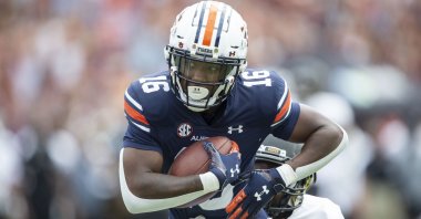 Wide receiver Malcolm Johnson Jr. (16) of the Auburn Tigers catches a pass in front of defensive back Kimar Martin (25) of the Alabama State Hornets during the third quarter of play at Jordan-Hare Stadium, Auburn, Alabama, Sept. 11, 2021. (AFP Photo)