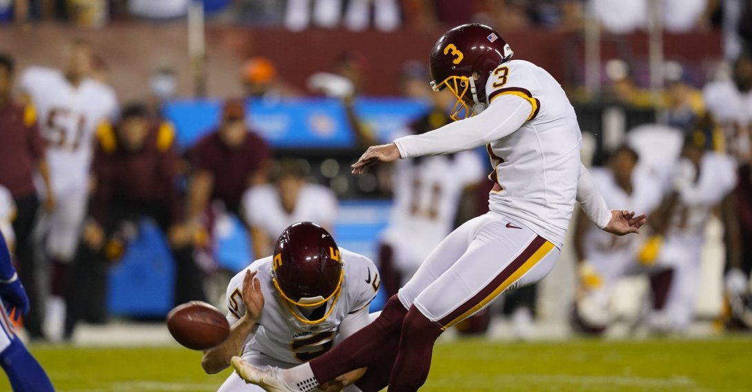 Washington Football Team kicker Dustin Hopkins (3) makes the winning field goal against the New York Giants in the second half at FedExField, Landover, Maryland, U.S., Sept. 16, 2021. (AP Photo)