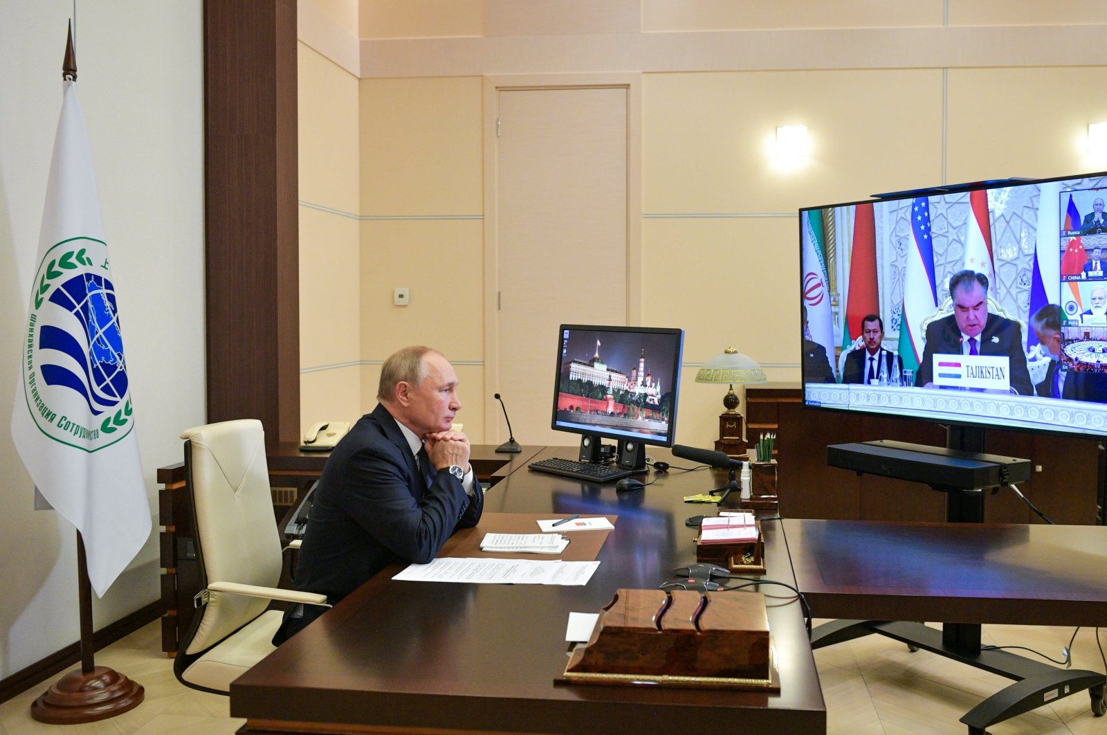 Russian President Vladimir Putin takes part in the Shanghai Cooperation Organization (SCO) meeting in Dushanbe, Tajikistan via videoconference at the Novo-Ogaryovo residence outside Moscow, Russia, Sept. 17, 2021. (AP Photo)