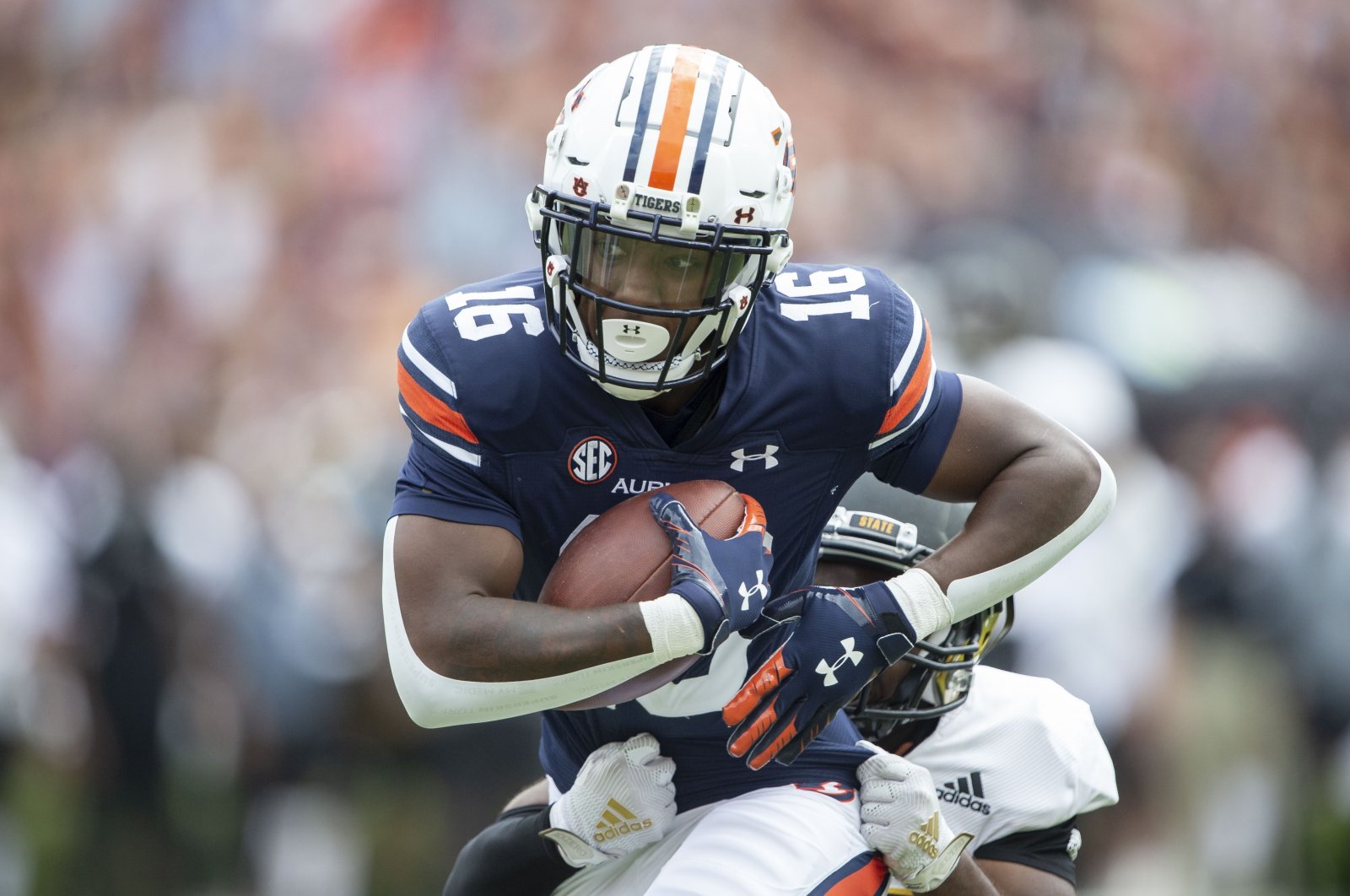 Wide receiver Malcolm Johnson Jr. (16) of the Auburn Tigers catches a pass in front of defensive back Kimar Martin (25) of the Alabama State Hornets during the third quarter of play at Jordan-Hare Stadium, Auburn, Alabama, Sept. 11, 2021. (AFP Photo)