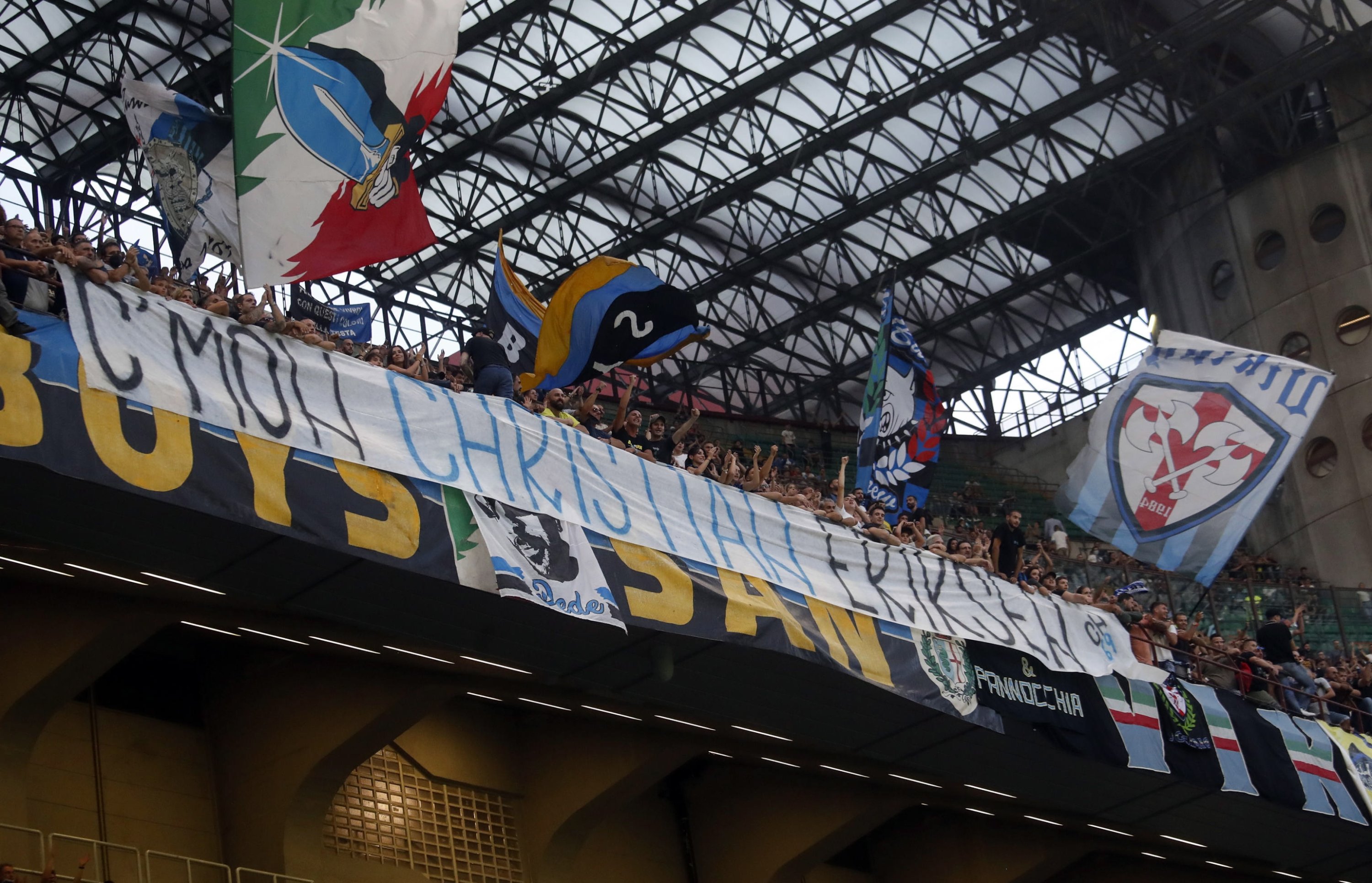 Inter Milan fans display a banner dedicated to Christian Eriksen during the Italian Serie A match against Bologna FC at the San Siro Stadium in Milan, Italy, Sept. 18, 2021. (EPA Photo)