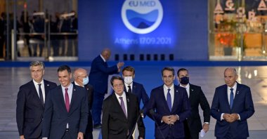 Croatia's Prime Minister Andrej Plenkovic, Spain's Prime Minister Pedro Sanchez, Portugal's Foreign Minister Augusto Santos Silva, French President Emmanuel Macron, Greek Cypriot administration leader Nicos Anastasiades, Greek Prime Minister Kyriakos Mitsotakis and Slovenian Prime Minister Janez Jansa during the EUMed9 Summit at the Stavros Niarchos Foundation Cultural Center, Athens, Greece, Sept. 17, 2021. (Getty Images)