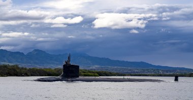 In this photo provided by U.S. Navy, the Virginia-class fast-attack submarine USS Missouri (SSN 780) departs Joint Base Pearl Harbor-Hickam for a scheduled deployment in the 7th Fleet area of responsibility, Sept. 1, 2021. (AP Photo)