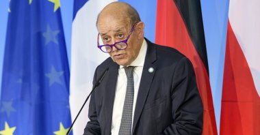 French Foreign Minister Jean-Yves Le Drian speaks in Weimar, Germany, Sept. 10, 2021. (Jens Schlueter/Pool Photo via AP)