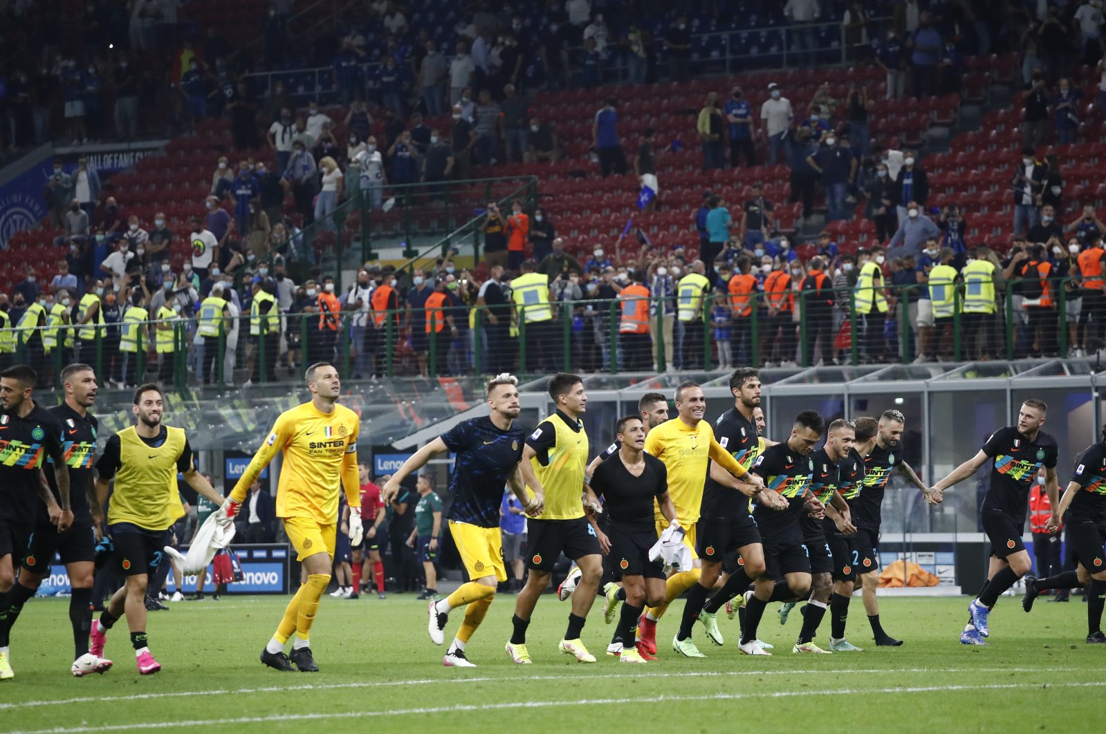 Inter Milan players celebrate after the Italian Serie A match against Bologna at the San Siro Stadium, in Milan, Italy, Sept. 18, 2021. (Reuters Photo)