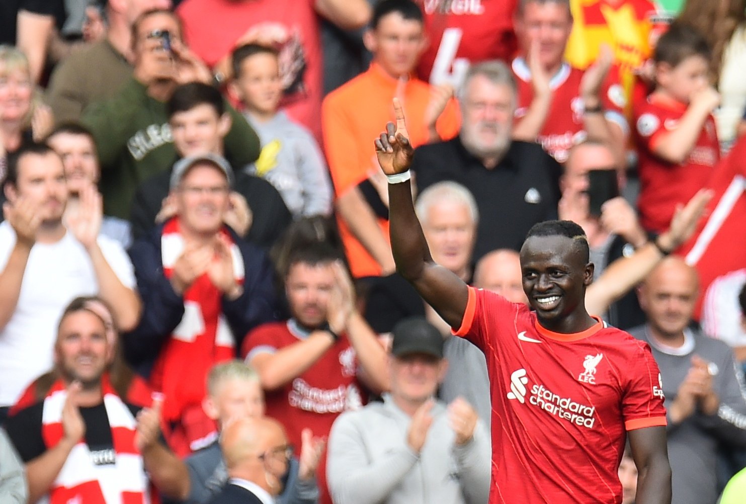 Sadio Mane celebrates scoring his 100th goal in a Liverpool shirt during the Premier League match against Crystal Palace at Anfield, Liverpool, England, Sept. 18, 2021. (Reuters Photo)
