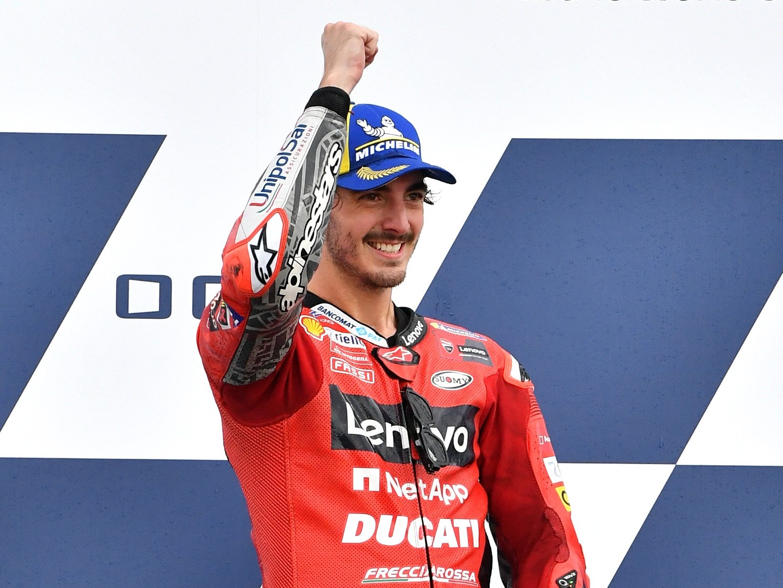 Ducati's Francesco Bagnaia celebrates winning the San Marino MotoGP, Misano, Italy, Sept. 19, 2021.