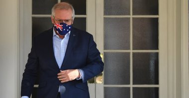 Australian Prime Minister Scott Morrison arrives at a press conference at Kirribilli House in Sydney, Australia, Sept. 19, 2021. (EPA Photo)