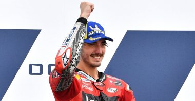 Ducati's Francesco Bagnaia celebrates winning the San Marino MotoGP, Misano, Italy, Sept. 19, 2021.