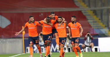 Medipol Başakşehir players celebrate after scoring a goal against Fenerbahçe at the Basakşehir Fatih Terim Stadium in Istanbul, Turkey, Sept. 19, 2021. (AA Photo)