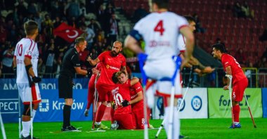 Turkish national amputee football team players celebrate after scoring a goal against Spain, at the Cracovia Stadium in Krakow, Poland, Sept. 19, 2021. (AA Photo)