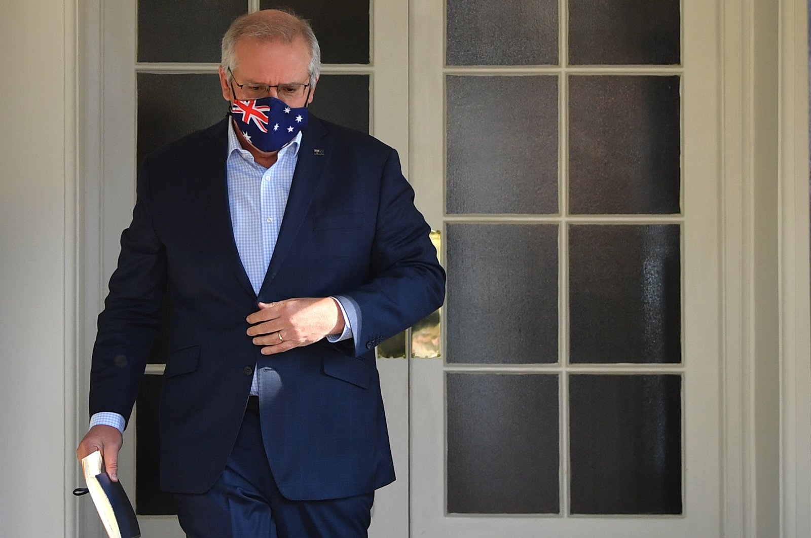 Australian Prime Minister Scott Morrison arrives at a press conference at Kirribilli House in Sydney, Australia, Sept. 19, 2021. (EPA Photo)