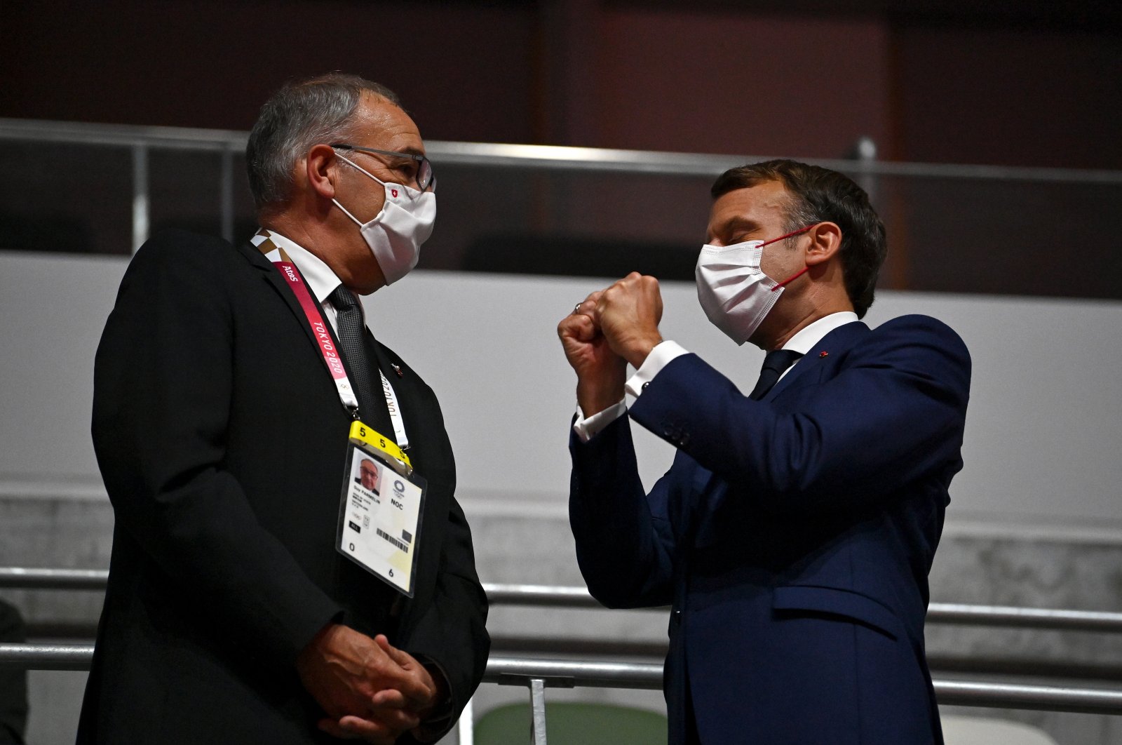 President of Switzerland Guy Parmelin and President of France Emmanuel Macron are seen prior to the Opening Ceremony of the Tokyo 2020 Olympic Games at the Olympic Stadium on July 23, 2021, Tokyo, Japan. (Getty Images)