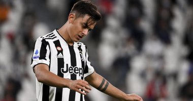 Juventus' Paulo Dybala reacts during a Serie A match against AC Milan, at the Turin Allianz stadium, Italy, Sept. 19, 2021. (AP Photo)