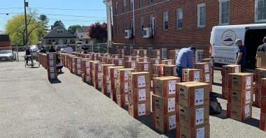 Boxes of food and hygiene kits delivered by the YTB, in New Jersey, U.S., May 18, 2020. (COURTESY OF YTB)