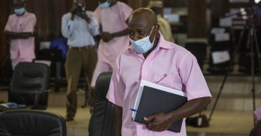 Paul Rusesabagina, who inspired the film "Hotel Rwanda" and is credited with saving more than 1,000 people by sheltering them at the hotel he managed during the genocide, attends a court hearing in Kigali, Rwanda, Feb. 26, 2021. (AP Photo)