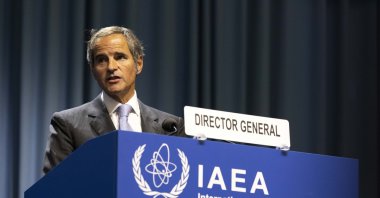 Director-General of the International Atomic Energy Agency, IAEA, Rafael Mariano Grossi from Argentina, talks on stage at the International Atomic Energy's (IAEA) General Conference about nuclear verification in Iran in Vienna, Austria, Sept. 20, 2021. (AP Photo)