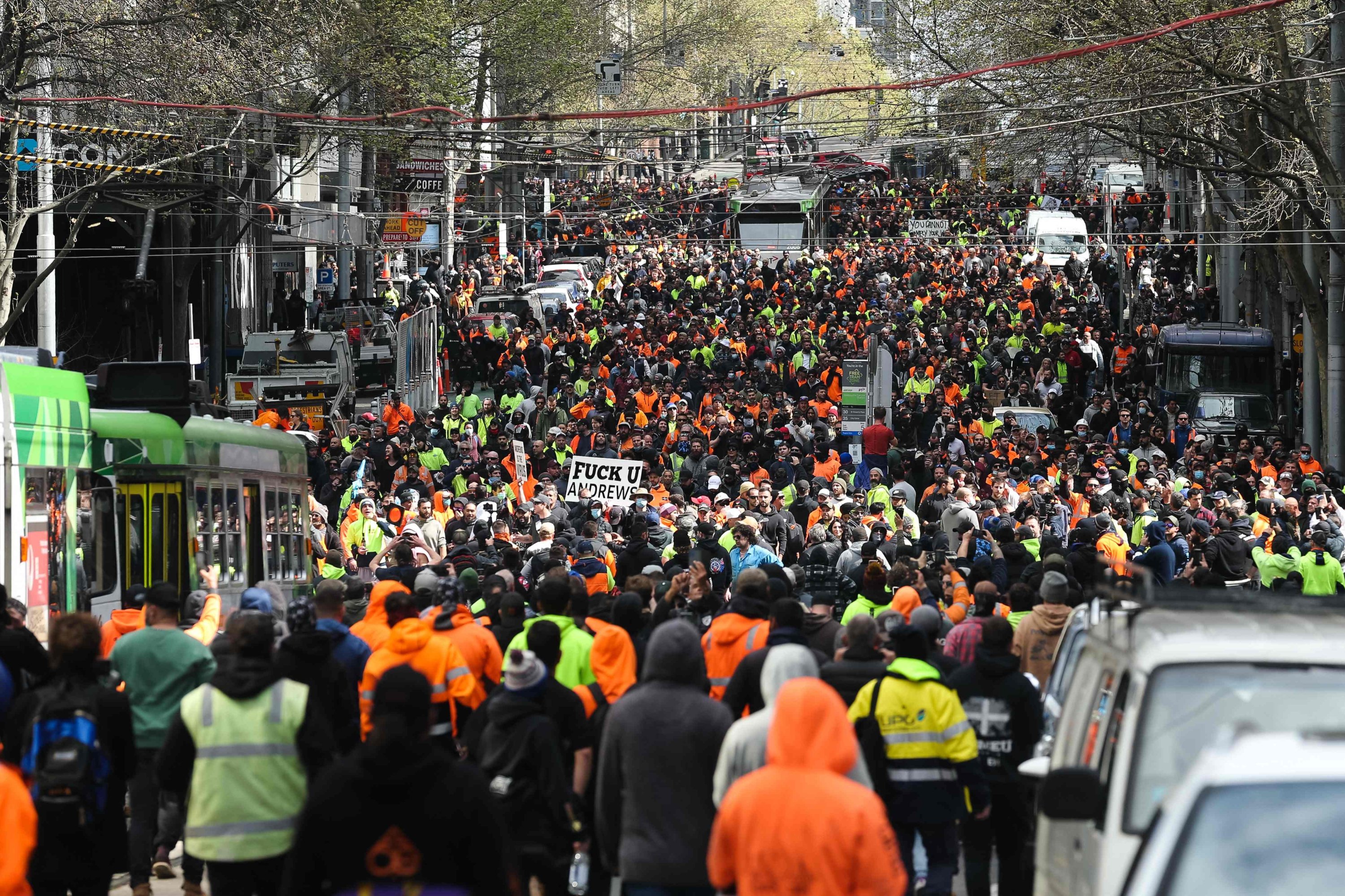 Construction workers and demonstrators attend a protest against COVID-19 regulations in Melbourne, Australia, on Sept. 21, 2021. (AFP Photo)