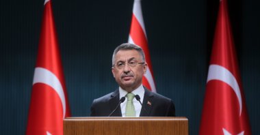 Vice President Fuat Oktay speaks at a joint news conference with TRNC PM Ersan Saner in Ankara, Turkey, Sept. 20, 2021. (AA Photo)