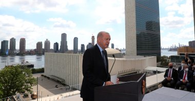 President Recep Tayyip Erdoğan speaks during the opening ceremony of the Turkish House (Türkevi) in New York City, U.S., Sept. 20, 2021. (AA Photo)