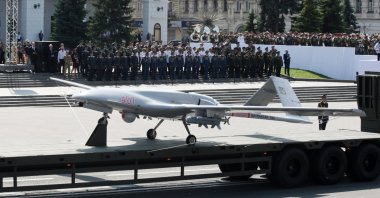A Bayraktar TB2 UCAV belonging to the Ukrainian army on display during a military parade in Kyiv, Ukraine, Aug. 24, 2021. (AA Photo)