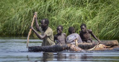 A father and his sons transport cows from a flooded area to drier ground using a dugout canoe, in Old Fangak county, Jonglei state, South Sudan, Nov. 25, 2020. (AP Photo)
