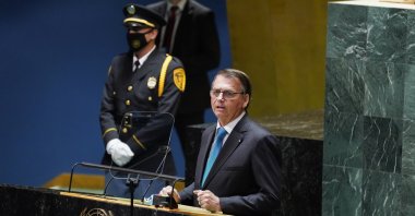 Brazil's President Jair Bolsonaro addresses the 76th Session of the U.N. General Assembly, Tuesday, Sept. 21, 2021, at United Nations headquarters in New York. (AP Photo)