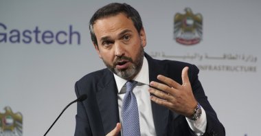 Turkey's Deputy Energy and Natural Resources Minister Alparslan Bayraktar gestures during a discussion on stage at the Gastech 2021 conference in Dubai, United Arab Emirates, Sept. 21, 2021. (AP Photo)