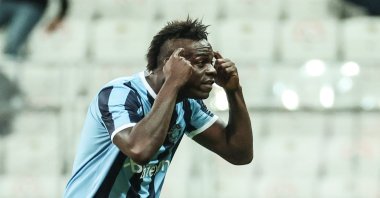 Adana Demirspor's Mario Balotelli celebrates scoring in a Turkish Süper Lig match against Beşiktaş at Vodafone Park, Istanbul, Turkey, Sept. 21, 2021.  (AA Photo)