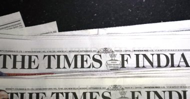 The logo of Bennett, Coleman and Company Limited, an Indian media conglomerate, is seen on The Times of India, one of their newspapers, in New Delhi, India, Sept. 22, 2021. (AP Photo)