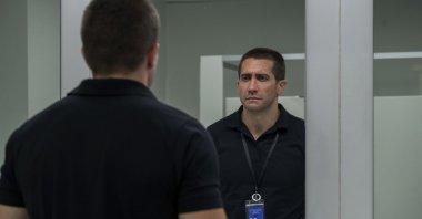Jake Gyllenhaal, in a scene from the film "The Guilty." (Netflix via AP)