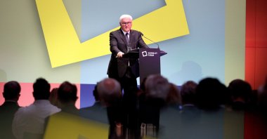 German President Frank-Walter Steinmeier addresses the participants of the ceremonial opening of the exhibitions at the Ethnological Museum and the Museum for Asian Art of the State Museums of Berlin at the Humboldt Forum Museum, in Berlin, Germany, Sept. 22, 2021.  (EPA Photo)