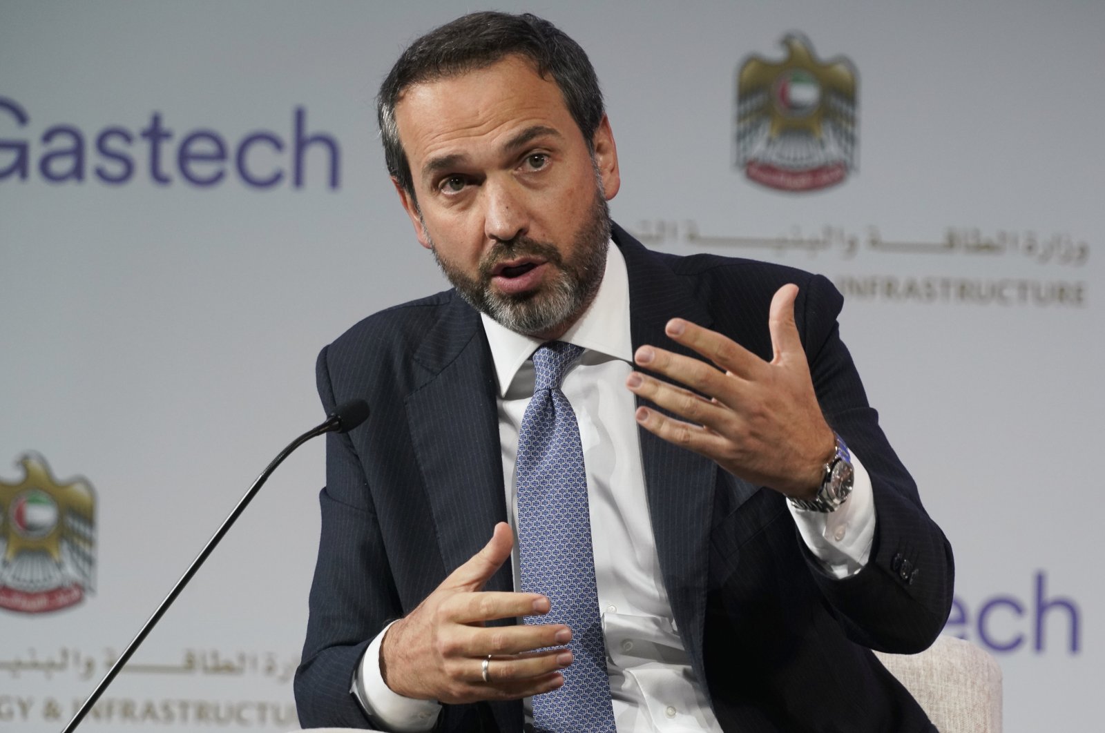 Turkey's Deputy Energy and Natural Resources Minister Alparslan Bayraktar gestures during a discussion on stage at the Gastech 2021 conference in Dubai, United Arab Emirates, Sept. 21, 2021. (AP Photo)
