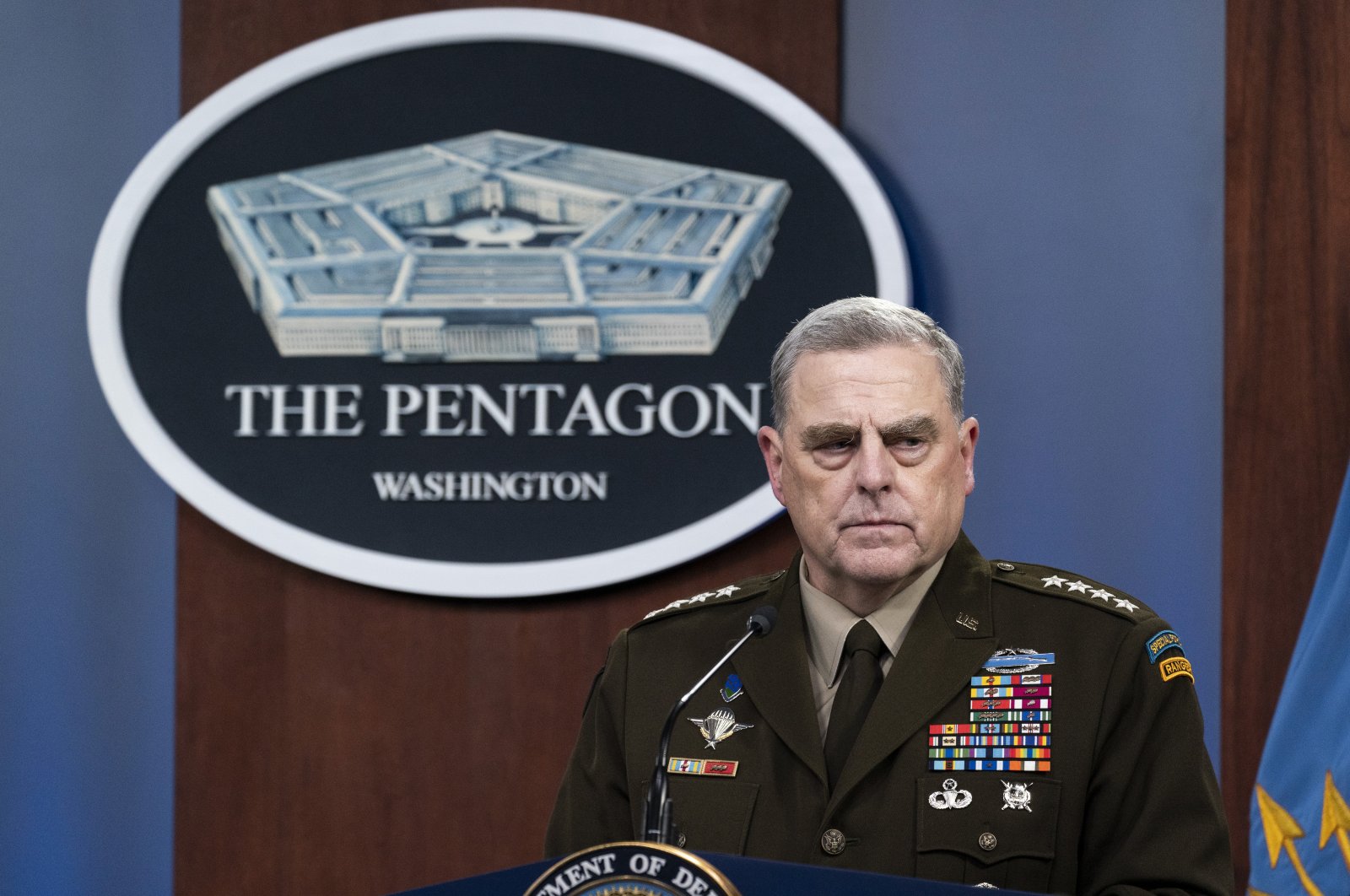 Chairperson of the Joint Chiefs of Staff Gen. Mark Milley pauses while speaking during a media briefing at the Pentagon in Washington, D.C., U.S., Aug. 18, 2021. (AP Photo)