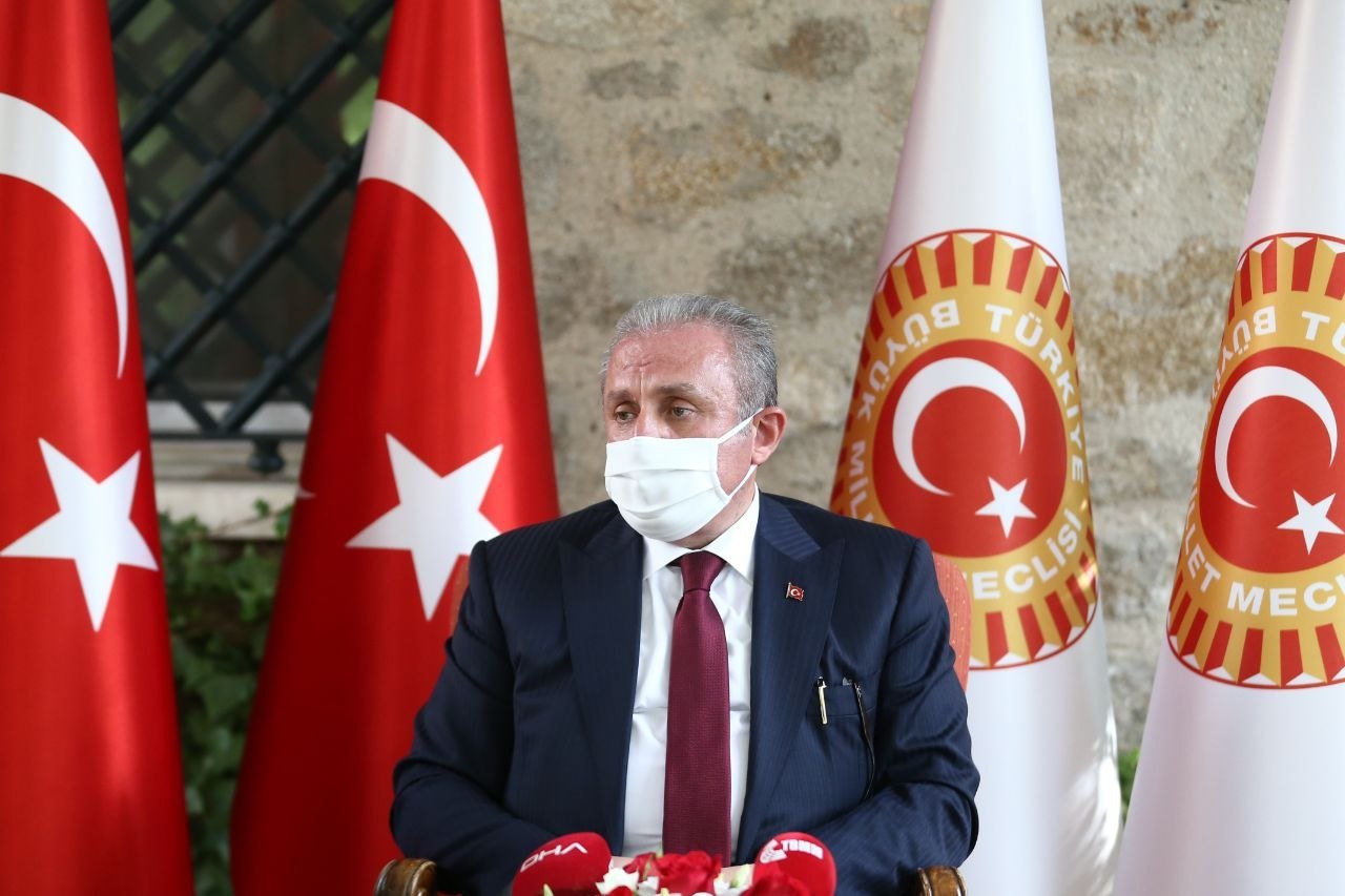 Turkey's Parliament Speaker Mustafa Şentop addresses reporters in Madrid, Spain, Sept. 21, 2021. (AA Photo)