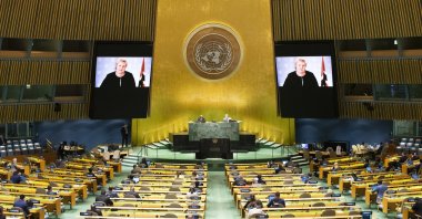 Norway's Prime Minister Erna Solberg remotely addresses the 76th Session of the United Nations General Assembly in a pre-recorded message at U.N. headquarters, Sept. 22, 2021. (AP Photo)