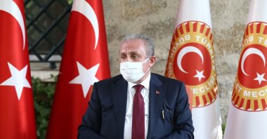 Turkey's Parliament Speaker Mustafa Şentop addresses reporters in Madrid, Spain, Sept. 21, 2021. (AA Photo)