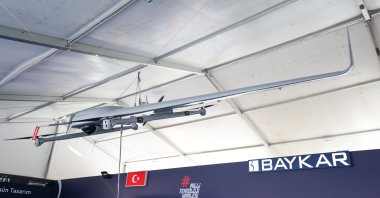 Baykar's vertical take-off and landing (VTOL) unmanned aerial vehicle (UAV) is on display at Turkey’s largest technology and aviation event, Teknofest, in Istanbul, Turkey, Sept. 23, 2021. (AA Photo)