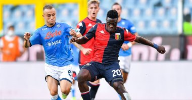Napoli's Stanislav Lobotka (L) in action against Genoa's Caleb Ekuban (R) during a Serie A match at Luigi Ferraris stadium, Genoa, Italy, Aug. 29, 2021. (EPA Photo)
