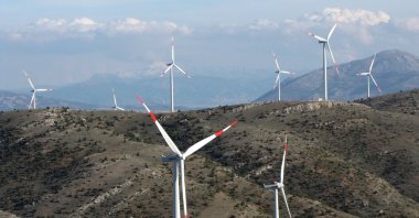 Wind turbines are seen in the Dinar district of Turkey's western province of Afyonkarahisar, March 28, 2019. (AA Photo)