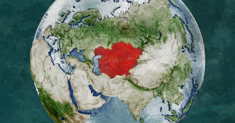 The photo illustration shows the globe map with the Central Asian region in red. (Photo by Shutterstock)