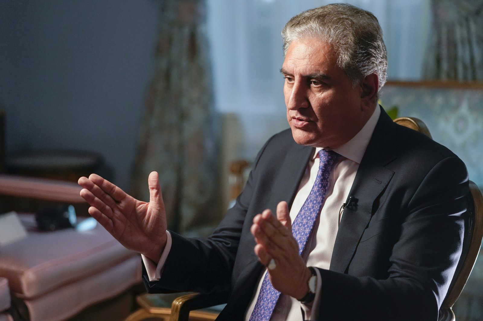 Pakistan's Foreign Minister Shah Mehmood Qureshi speaks during an interview with The Associated Press, Sept. 22, 2021, in New York, U.S. (AP Photo)